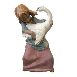 Lladro Girl Carrying a Duck Pulling Pig Tail Gres Finish Vintage